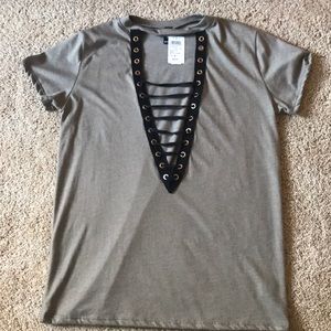 Windsor taupe v-neck lace up shirt
